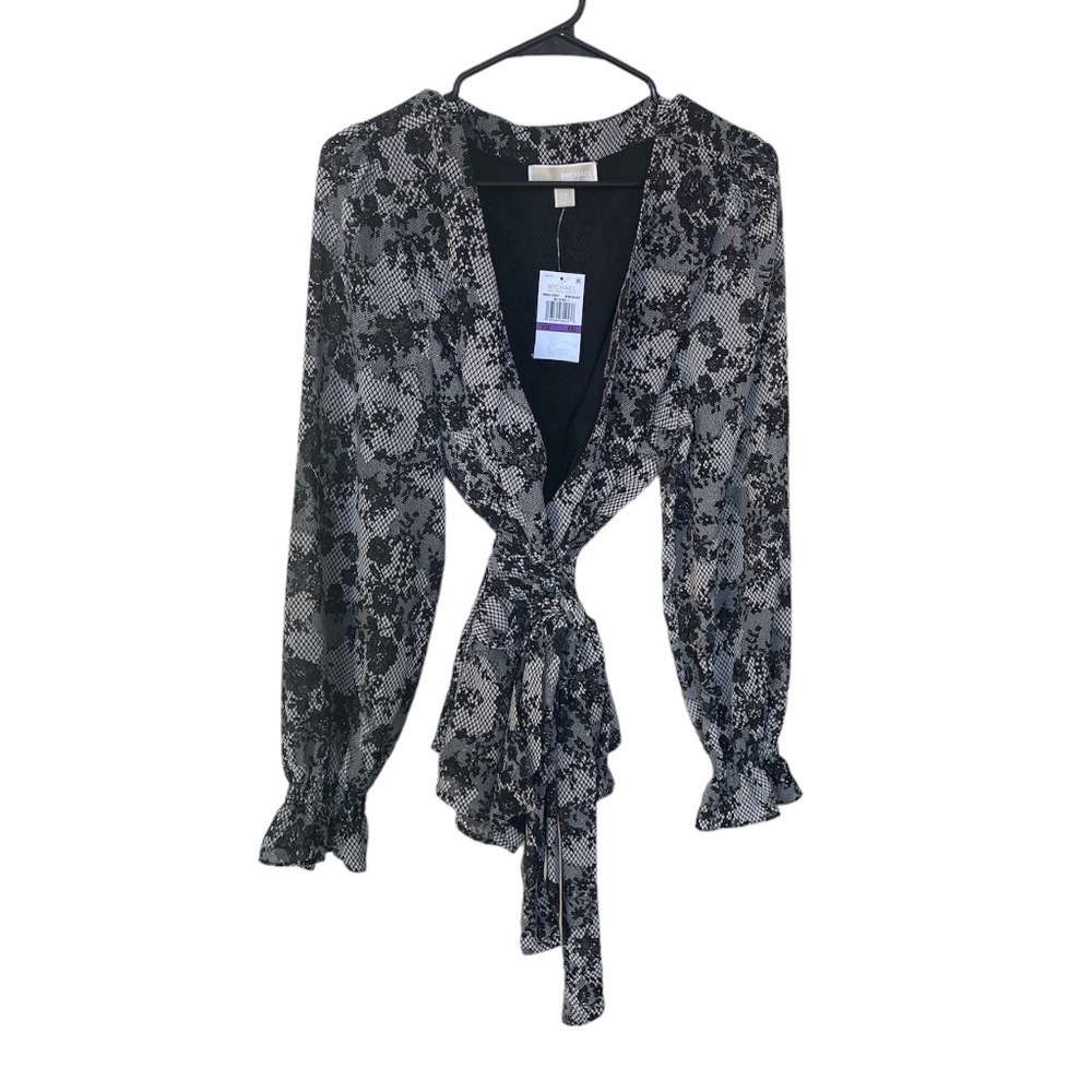 Michael Michael Kors Bone Black Chantilly Wrap Tie-Waist Long Sleeve Blouse